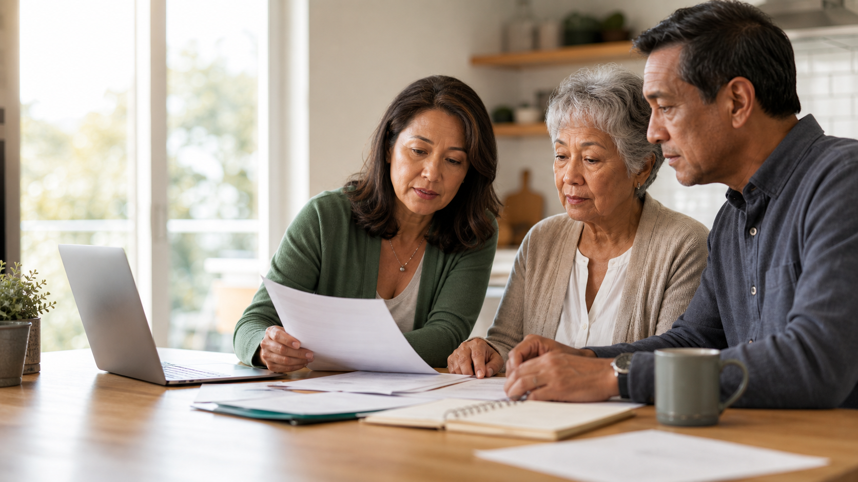 Family members reviewing care home paperwork with an older loved one at a table